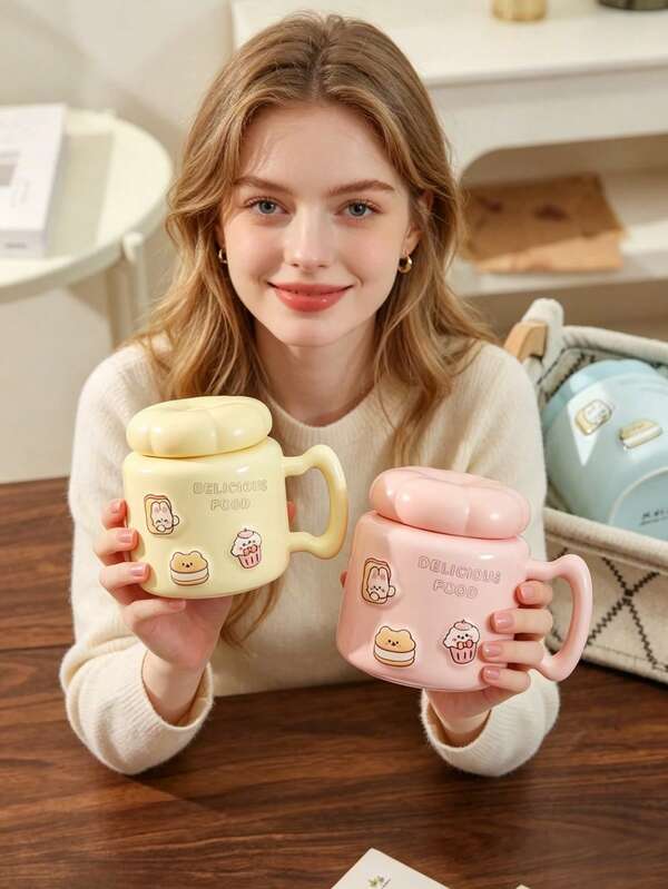 New Fashion High-End Cartoon Ceramic Mirror With Lid Mug, Large Capacity Home Office Tea Cup Coffee Cup, Suitable For Couples, Friends, Parties, Christmas And Other Occasions As Gifts