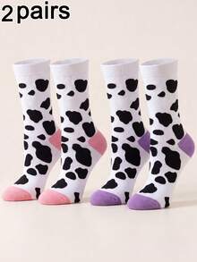 2 paires de chaussettes mi-mollet unisexes à base blanche avec contraste rose & violet, imprimé vache, respectueuses de la peau, respirantes, style mignon, convenant pour la maison, le port quotidien et les cadeaux - Multicolore - Voir 2