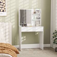 Vanity Table And Stool Set, Makeup Desk With Mirror, 3 Shelves And Storage Drawers, White, 75 X 40 X 137 Cm - 白色 - 查看 10