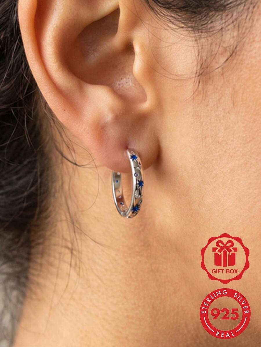 1對女款高品質925純銀藍色立方氧化鋯星月圖案耳環,優雅經典耳飾,低過敏材質,高級珠寶禮物 - 銀色 - 查看 1
