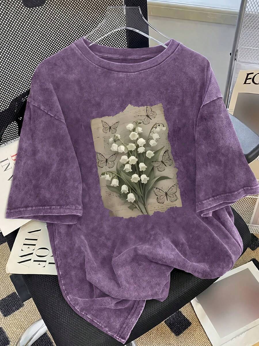 Camiseta retro de estilo universal 100% unisex, divertida camiseta retro con diseño de flor de mayo para cumpleaños, camiseta retro holgada y lavada con diseño de flor de lirio de los valles - Morado - Ver 1