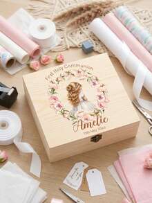 1pc Customized First Communion Keepsake Box, Personalized Religious Baptism Wooden Storage Box, Communion Gift, Floral & Cross Children's Gift Box - Multicolor - View 15