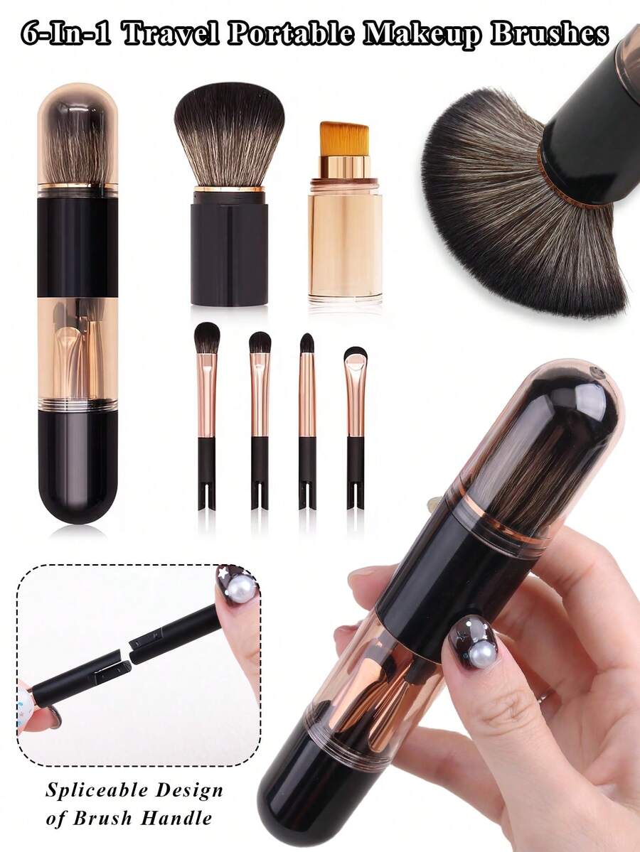 6-In-1 Detachable & Modular Travel Makeup Brush Set, Portable Compact Multi-Function Face Foundation, Blush And Eyeshadow Detail Brushes, Suitable For Daily Travel And Outdoor Makeup - Multicolor - View 1