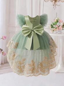 女嬰刺繡蝴蝶婚禮花童公主禮服附拖尾，適合派對與度假，布料花紋隨機裁剪，不含髮箍 - 綠色 - 查看 2
