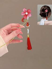 Women's New Chinese Style Red Flower Pendant Hair Clip, Cute Exquisite Elegant, Non-Damaging, Wedding Date Bun Accessory - Multicolor - View 12