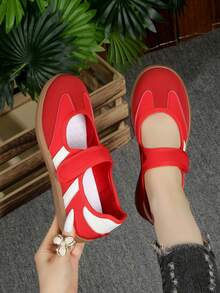 Women's Hook And Loop Mary Jane Shoes, Casual Low Vamp Flat Training Shoes, Versatile Color-Block Striped Retro Sneakers, Soft-Sole Non-Slip Breathable Canvas Shoes, Japanese School Style Low Vamp Shoes, Commute Daily Casual Slouchy Shoes, Spring Summer Autumn Comfortable Soft-Surface Casual Shoes - Red - View 3