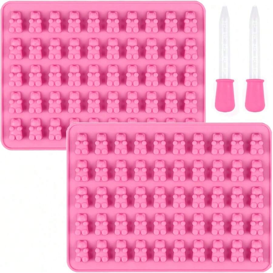 2pcs Soft Gummy Bear Silicone Molds, Non-Stick Chocolate Candy Molds, Includes 2 Droppers (Pink) - Multicolor - View 1