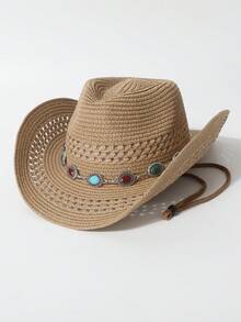 1 pieza Sombrero de paja hueco con decoración de cadena de circonita para mujer, Fedora, sombrero de vaquero occidental, sombrero Panamá transpirable con protección solar para primavera/verano, adecuado para fotografía de viajes, uso diario, fiestas, eventos de temática occidental, reuniones, cosplay, ceremonia de graduación, mascarada, festivales, celebraciones de cumpleaños, conciertos, senderismo al aire libre y camping - sombrero de copa - Ver 3