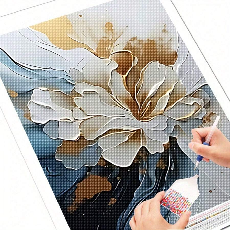1pc Luxury Gold Blue White Floral 5D Full Diamond Painting, Abstract Fluid Ink Frameless Canvas 30 X 40cm, DIY Handmade Diamond Art, Living Room Bedroom Modern Luxury Home Decor Creative Gift - round diamond - View 1