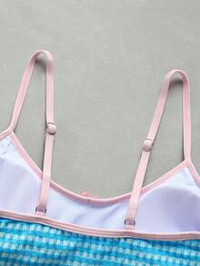 2 Pieces Bikini Set, Blue & White Plaid Halter Top, Elegant Casual, Suitable For Summer Beach Vacation Party - Multicolor - View 5