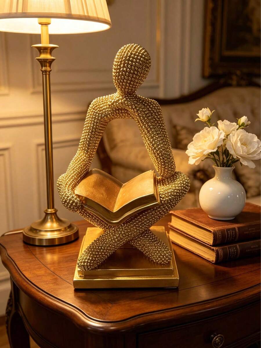 Abstract Golden Beaded Reading Man Statue, Modern Art Desktop Decor Sculpture, Suitable For Home Study Living Room Bookshelf, Ideal Bookstore Office Desktop Ornament, Premium Resin Thinker Sculpture, Gift For Book Lovers & Home Interior Decoration, Room Decor - New Model - View 1