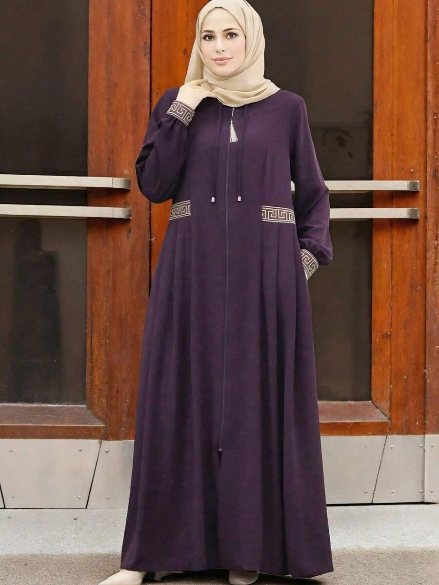 Women's Casual High-End Fringe Zipper Pocket Raglan Robe, Traditional Arabic Style Spring