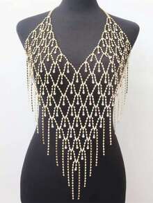 Cadena de Body para mujer con colgante de malla, accesorio de vestido bohemio sexy con cadena de pecho de cristal y flecos brillantes para fiesta de discoteca - Dorado - Ver 3