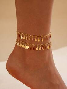 imoli 1 Set/Gold Minimalis Alloy Round Disc Water Drop Tassel Handmade Chain Double Layer Anklet Wanita Hadiah Kencan (Rantai Buatan Tangan Dipotong Sesuai Ukuran, Jumlah Rumbai Cakram Bulat Bervariasi) - 29120-ank-G-1 - View 3