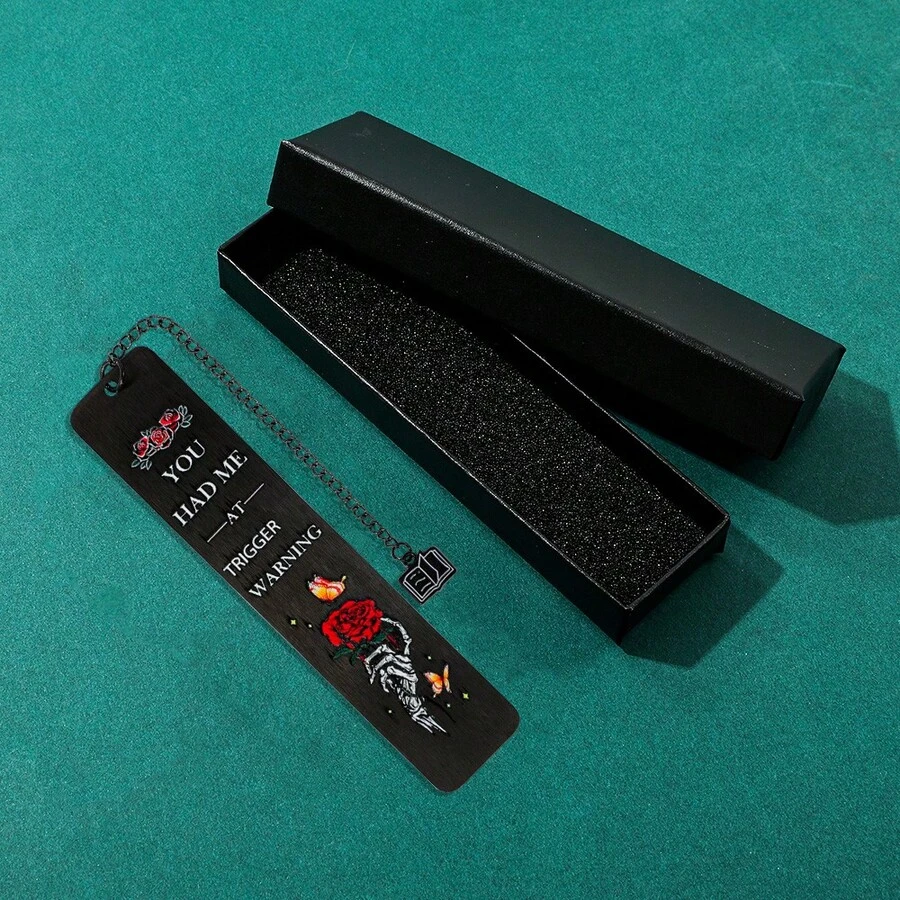 "You Had Me At Trigger Warning" Gothic Metal Bookmark With Book Charm & Gift Box - Durable Page Marker For Dark Academia Fans, Gothic Enthusiasts & Gift-Givers.
