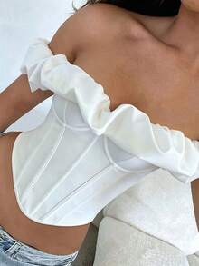 Apperloth A Elegant White Strapless Corset Top, Cold Shoulder Ruffle Trim, Lace-Up Back Design, Boning Structure, Summer Style - White - View 5