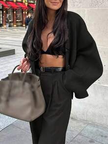 Women's Casual Minimalist Fashion Black Regular Fit Batwing Sleeve Overcoat, Suitable For Autumn/Winter - Black - View 2