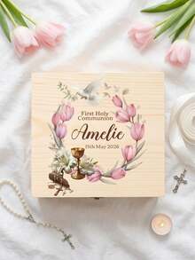 1pc Customized First Communion Keepsake Box, Personalized Religious Baptism Wooden Storage Box, Communion Gift, Floral & Cross Children's Gift Box - Multicolor - View 27