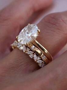 3pcs Sparkling Oval Cubic Zirconia Ring Set, Women's Daily Date, Wedding, Prom, Party Accessories, Bride Stackable Wedding Rings - Yellow Gold - View 1