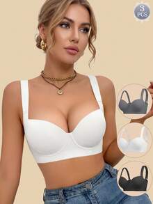 MIMILEMON 3pcs Women's Underwire Bras - Wide Strap, Lift, Side Support, Comfortable & Fashionable, Full Coverage, Confident All Day - Multicolor - View 9