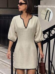 Woven Fabric Elegant Party Casual Fashion Contrast Trim Keyhole Neck Drop Shoulder Dress - Apricot - View 2