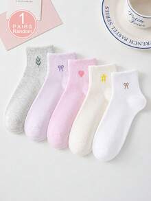 1/5 Paia Di Calzini Alla Caviglia Da Donna Con Motivi Casuali A Fiocco, Cuore, Fiore, Morbidi, Confortevoli, Traspiranti, Per Uso Quotidiano - Multicolore - Visualizzare 7