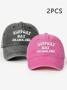 1/2件女款刺繡 SUPPORT DAY DRINKING 水洗棒球帽，可調節防曬休閒帽，適合情人節、春秋旅行，時尚百搭 Y2K 風格青年帽 - 刺繡 - 查看 27