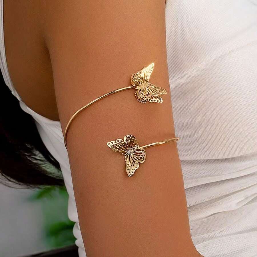 1 buah Gelang Lengan Kupu-kupu Berongga 3D Elegan, Unik, Kreatif, Serbaguna, dan Bergaya Niche, Cocok untuk Pemakaian Sehari-hari Wanita - Emas - View 1