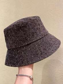 New Women's Japanese Style Leopard Print Rhinestone Bucket Hat, Large Brim Sun Hat, Face-Slimming Sun Protection Hat - A - View 9