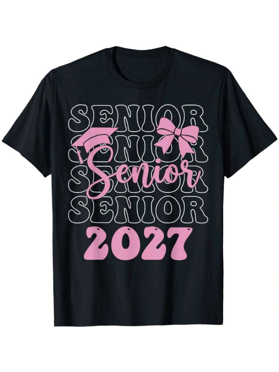 Pink Graduation T-Shirt With Bow For The Class Of 2027 - Black - View 1