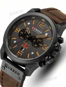 1pc Leather Strap Chronograph Quartz Sports Watch - Yellow - View 2