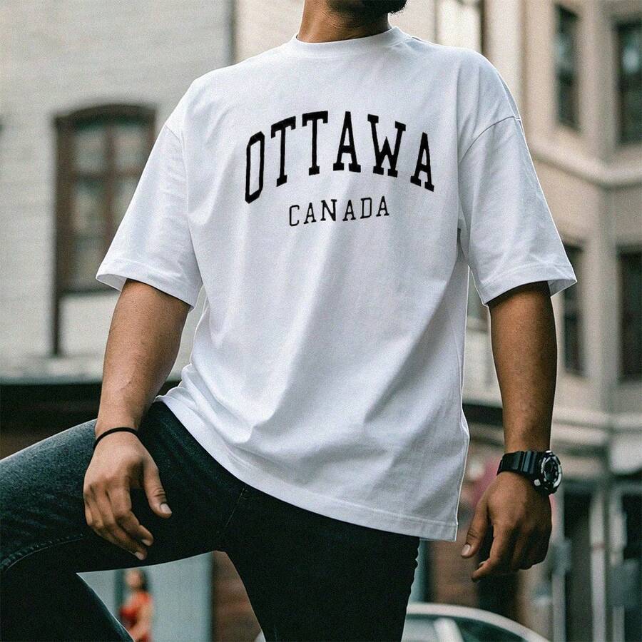 OTTAWA CANADA Bow Print With Large, Elegant White Lettering, Modern Urban Design, Ideal For City Walks And Casual Events, Men's T-Shirt - 白色 - 查看 1
