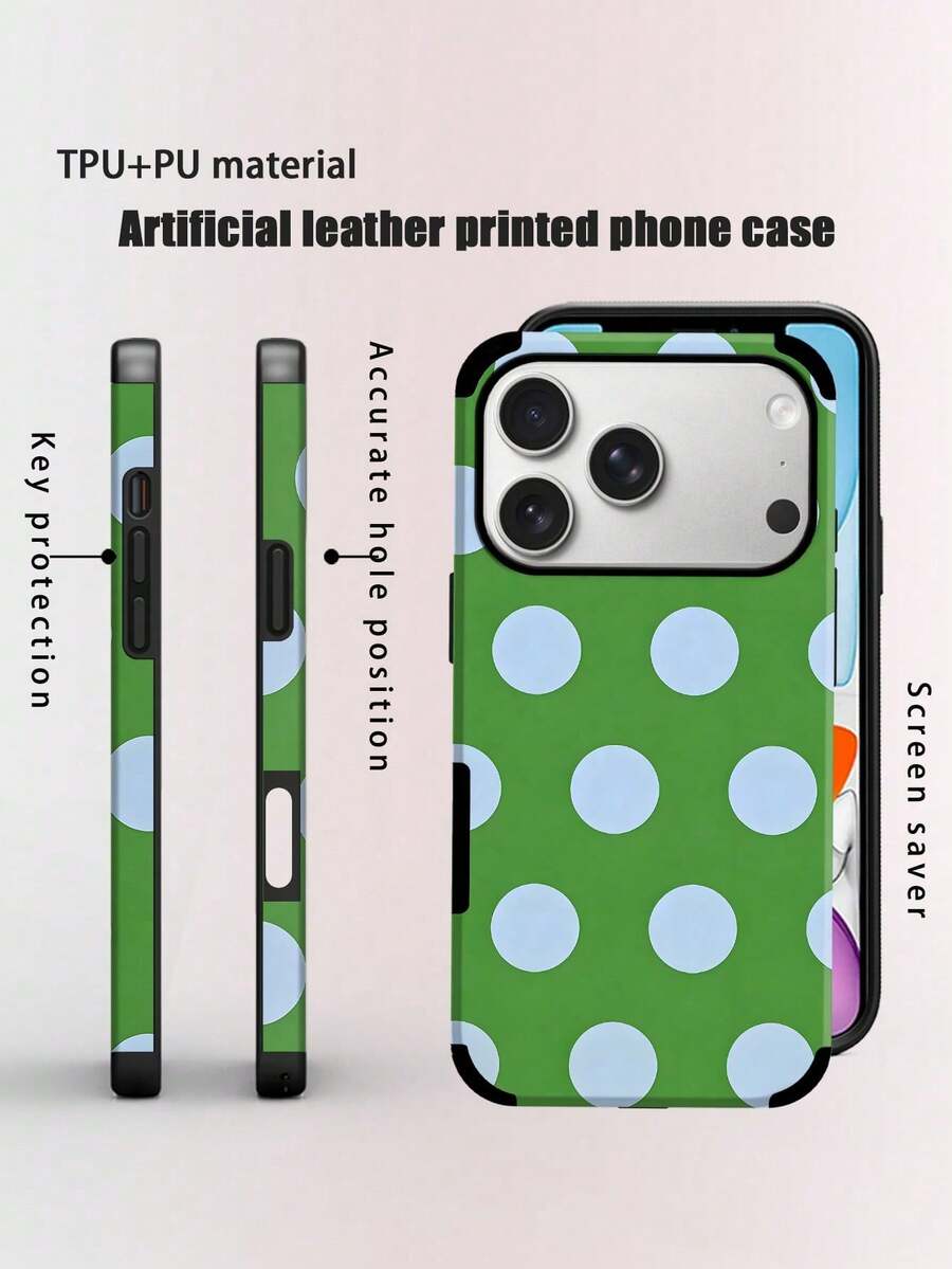 Una elegante funda para teléfono que no incluye cordón ni soporte. Funda de cuero para teléfono con diseño de lunares minimalistas y bonitos, 1 pieza, estampado de lunares blancos y negros, funda de cuero suave con impresión, estilo boho minimalista francés y moderno, compatible con/S24 Ultra, 17 Pro/16 Pro/12 Pro/13/14 Plus/15 Pro/16 Pro, 11/13 Pro Spring. - Verde - Ver 1