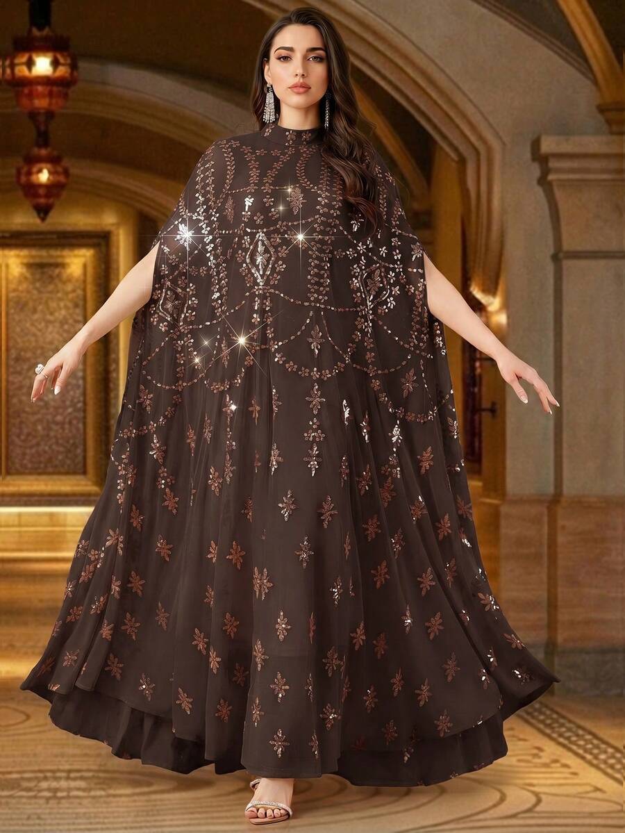 女款重工串珠刺繡亮片優雅立領兩件式阿拉伯風禮服,適合舞會禮服與多種場合,秋季款 - 咖啡棕 - 查看 1