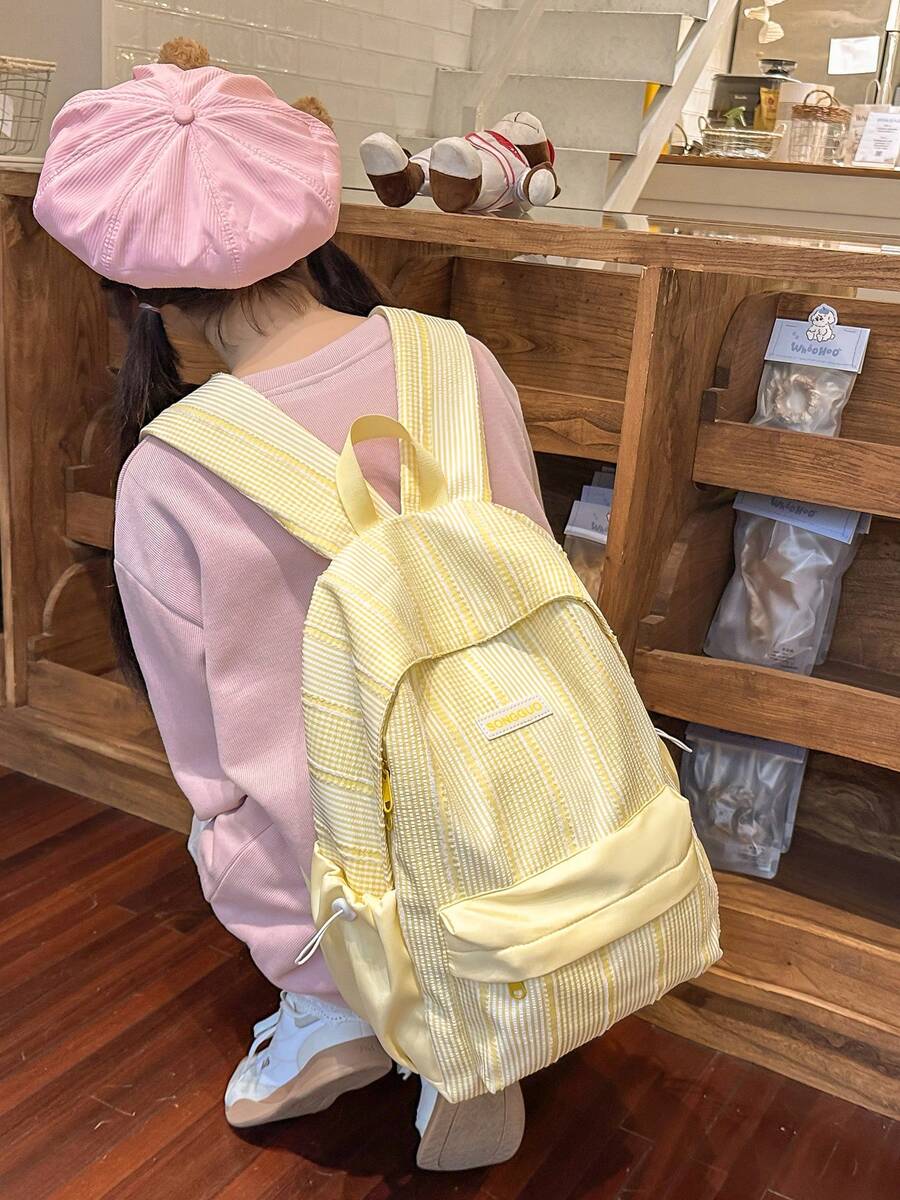 1pc Girls Solid Color Nylon Zipper Closure Fashion Backpack Student School Bag Suitable For All Seasons Daily Use