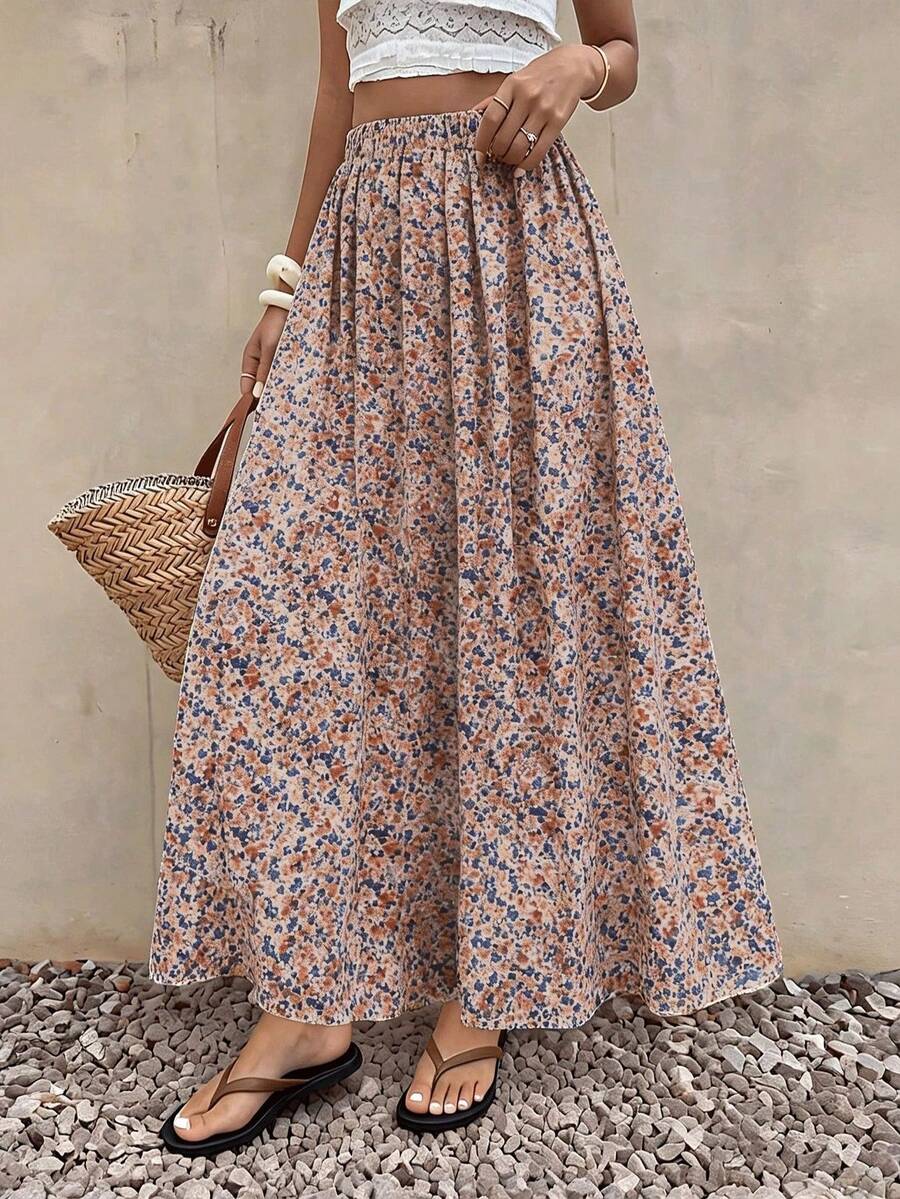 Women's All-Over Ditsy Floral Skirt, Elegant Casual Ditsy Floral Skirt For Holiday, Office, Daily, Date, Travel, Spring, Summer, Autumn Pink Vacation - Pink - View 1