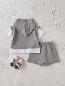2pcs/Set Toddler Baby Boy Cool Letter Embroidery Grey Hooded Short Sleeve Top And Shorts Set, Spring/Summer - Grey - View 12