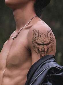 1pc Realistic Roaring Wolf Head Totem Pattern Tattoo Sticker, Temporary Tattoo Sticker, Realistic Tattoo Design, Suitable For Travel, Music Festivals, Games, Graduation Gifts, Lasts For 3-5 Days - Black - View 5
