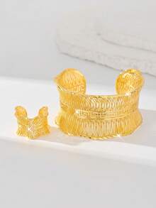 Set de 2 piezas de joyería con brazalete y anillo chapados en oro de cobre, de lujo, elegante y celebratorio - Amarillo Oro - Ver 5