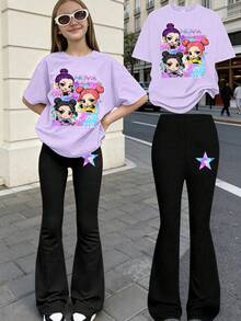 两件套女士休闲卡通图案圆领短袖上衣+喇叭裤套装，可爱卡通设计圆领T恤，舒适柔软喇叭裤，适合春夏韩版穿搭 - 彩色 - 查看 11