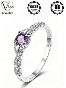 1pc S925 Sterling Silver Vintage Floral Ring With Synthetic Purple Zirconia, Perfect For Daily Wear And Valentine's Day Gift, Comes With Gift Box - Silver - View 2