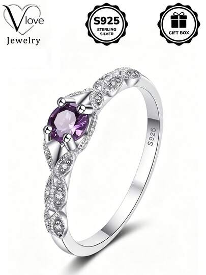 1pc S925 Sterling Silver Vintage Floral Ring With Synthetic Purple Zirconia, Perfect For Daily Wear And Valentine's Day Gift, Comes With Gift Box