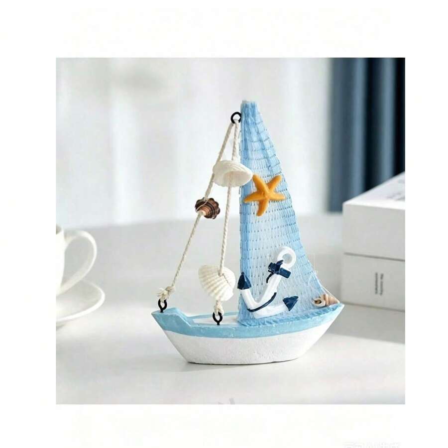 2D Flat Printed 1pc Ocean Style Shell Crackle Boat Ornament, Creative Acrylic Material Sailboat Model Small Ornament, Creative Decorative Craft Boat, Craft Decoration, Desktop Ornament, Home Decor, Suitable For Bedroom, Study And Living Room Decoration, Holiday Gift