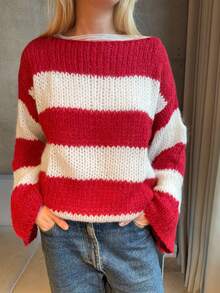 Women's Red Striped Short Sleeve Knit Cardigan, Front Button Regular Length Round Neck Spring/Summer Jacket, Suitable For Spring/Summer Fashion Cute Cardigan - Red - View 6