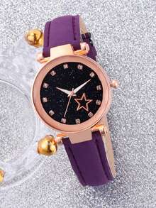 1pc Girls Purple Cartoon Star & Number Pattern Wristwatch And 5pcs Heart Rhinestone Decor Jewelry Set Gift - Purple - View 3