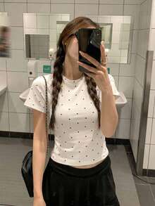 夏季街頭約會日常通勤簡約可愛俏皮性感白色拼色波點辣妹圓領修身短袖短版上衣休閒款 - 白色 - 查看 2