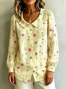 Elegante lässige französische süße Damenbluse mit Peter-Pan-Kragen, gelbem Ditsy-Blumenmuster, 2026 neu für Frühling/Sommer, langärmelig mit Puffärmeln, sanfter Stil, verjüngender Muster, für Pendeln, Dates, Urlaub, modisch vielseitig, atmungsaktiver Chiffon - Gelb - Übersicht 4