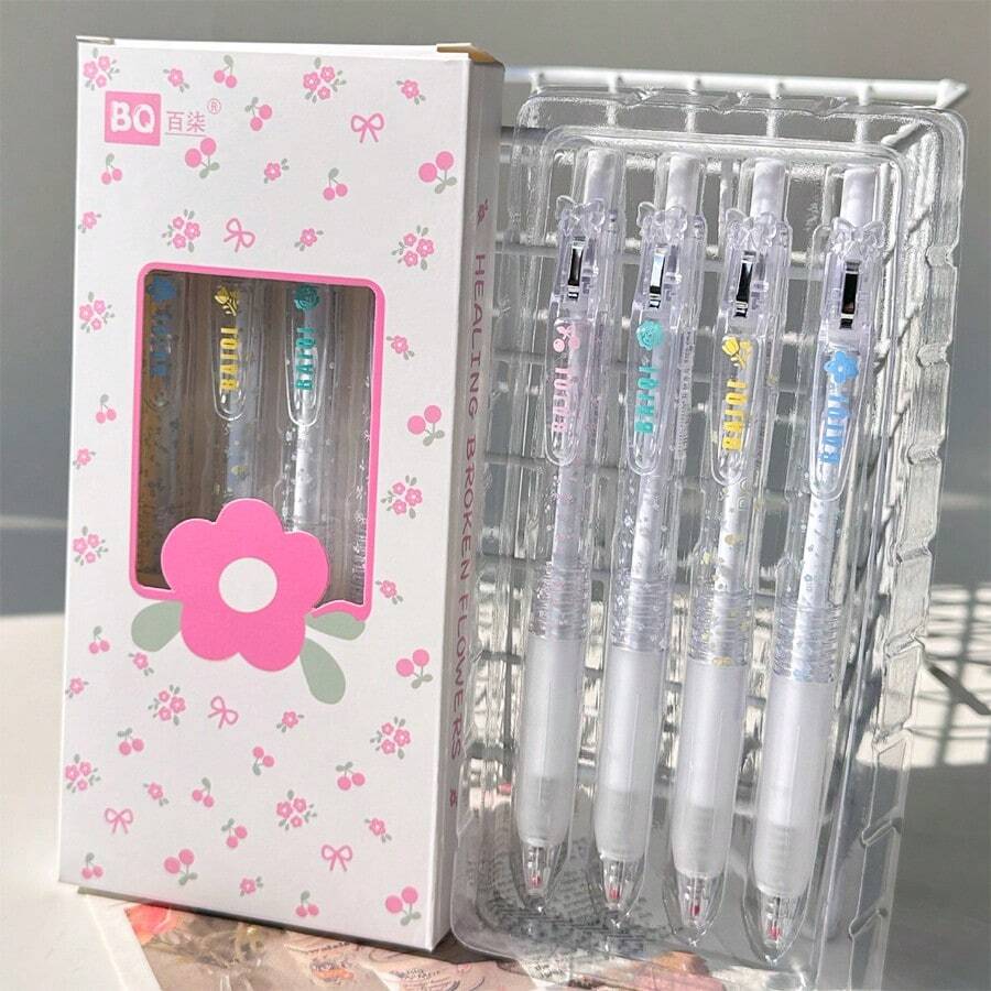 4/1 Pc. Stylo à bille à clic imprimé floral mignon, style frais. 0,5 mm. Encre noire. Stylo élégant, séchage rapide, écriture fluide pour les examens. Stylo pour projets. Stylo pour journal intime. Stylo-plume. Fournitures scolaires. Saison de la rentrée scolaire. Cadeau. - Imprimé floral, frais et mignon - Voir 1