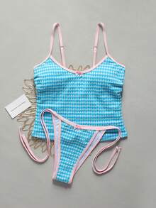 2 Pieces Bikini Set, Blue & White Plaid Halter Top, Elegant Casual, Suitable For Summer Beach Vacation Party - Multicolor - View 2