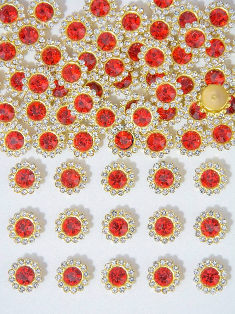 10-200 Pieces Of 12mm Red Rhinestone Flowers, With A Red Rhinestone In The Center Surrounded By Small White Rhinestones, In A Sunflower Pattern. Sparkly Rhinestone Flowers, DIY Craft Accessories, Perfect For Floral Headpieces And Clothing Decoration. - 12mm Red Rhinestone Flower - View 1